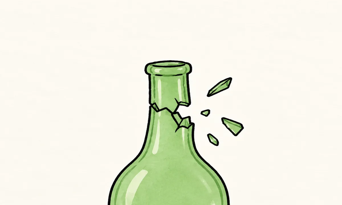 Hand-drawn top half of a green glass bottle on off-white paper, its neck cracking, with a few shards flying off.