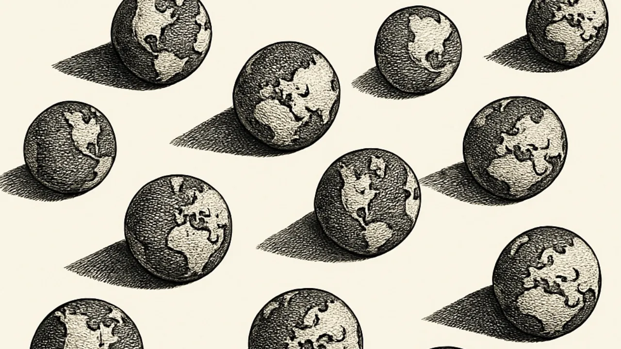 A bunch of scattered earths with their shadows. Inspired by Concetto I from Bruno's De Umbris Idearum.